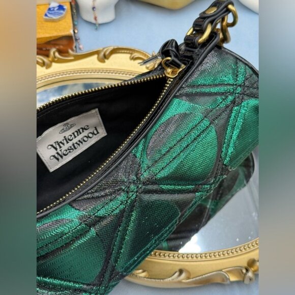 🆕 VIVIENNE WESTWOOD 🧿 NWOT Cindy Cylinder Shoulder Bag, Green Metallic AUTH - Picture 12 of 16